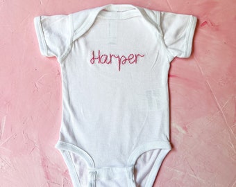 Custom Hand Embroidered Bodysuit, Baby Name Onesie®, Personalized Toddler Shirt, Infant and Toddler Hand Stitched, Neutral Clothing