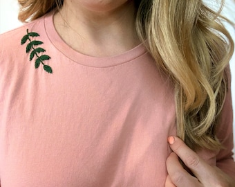 Leaf Shirt, Hand Embroidered Long Sleeve Tee, Light Pink Modest Crop Top, Shoulder Branch T-Shirt For Her, Hand Stitched Leaves