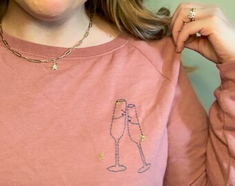 Champagne Hand Embroidered Sweatshirt, Champagne Flutes, Bachelorette Crewneck for Women, Brunch Sweater, Holiday Sweater For Her