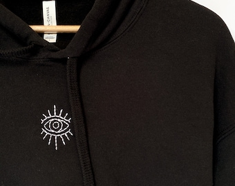 Evil Eye Hand Embroidered Sweatshirt, Celestial Eye, Black Cropped Hoodie for Women, Hand Stitched Crop Top, Aesthetic Gift For Her, Witchy