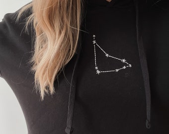 Zodiac Hand Embroidered Hoodie, Custom Zodiac Constellation. Lightweight Black Sweatshirt for Women, Hand Stitched Top, Witchy Aesthetic