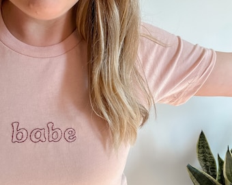 Babe Shirt, Hand Embroidered Tshirt for Women, Bella Canvas Peach, Feminist Embroidery, Retro Babe Shirt, Bride Gift, minimalist for her