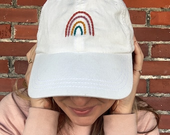 Boho Rainbow Hand Embroidered Hat, White Dad Cap, Minimalist Embroidery Hat, Gift for Girls, Christmas Gift for Her