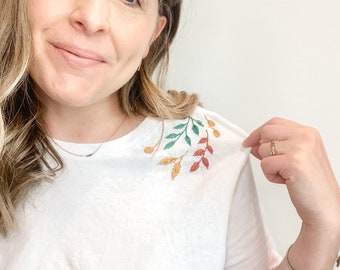 Leaf Shirt, Hand Embroidered Shirts for women, embroidery for her, flower tee, boho tshirt, minimalist style, White Cotton Tee