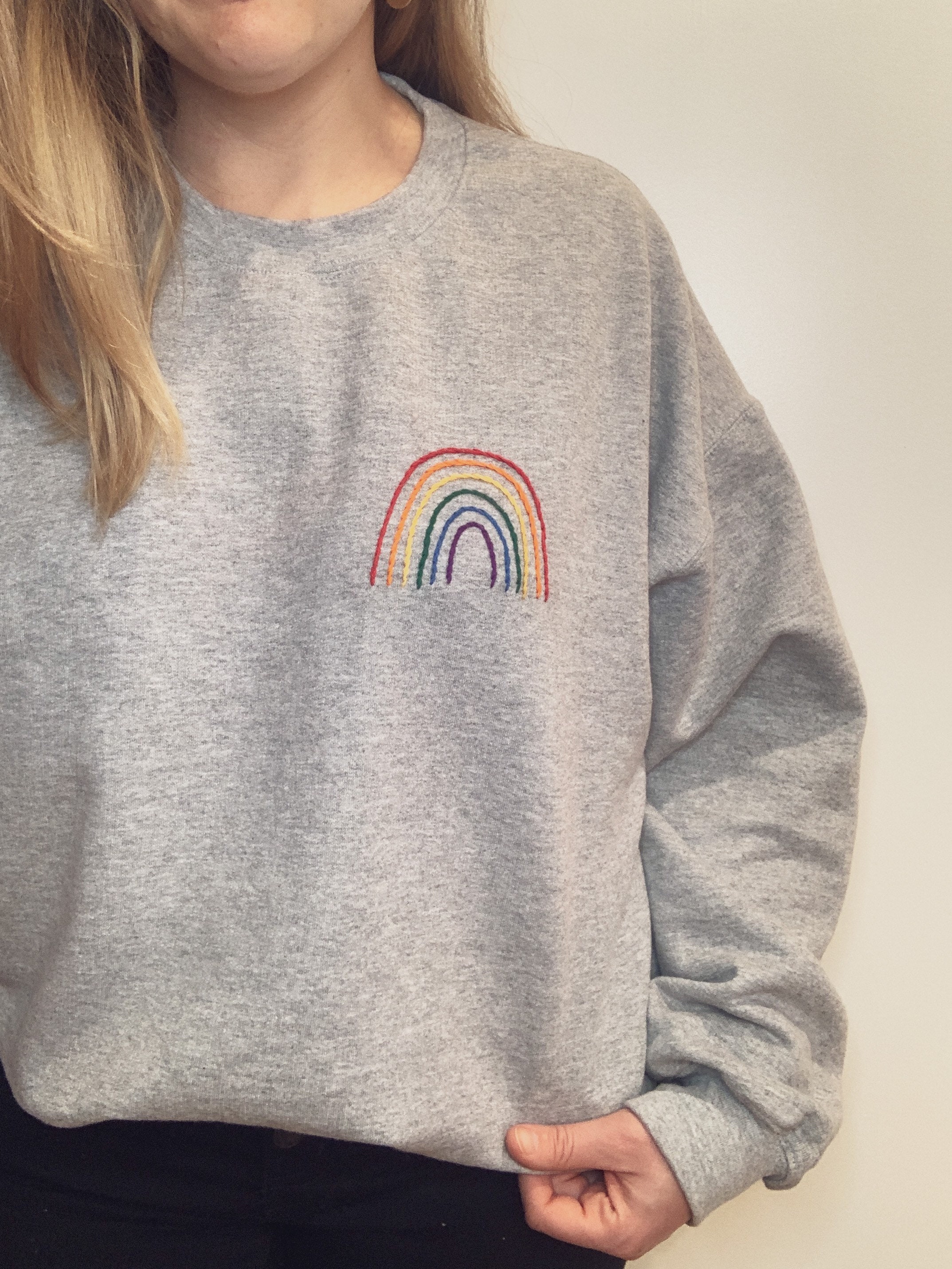 Rainbow Hand Embroidered Sweatshirt Boho Rainbow Sweater for Etsy
