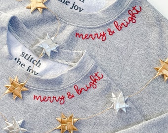 Merry and Bright Sweatshirt, Hand Embroidered Crewneck, Cute Christmas, Minimalist Shirt, Holiday Gift for Women, Christmas Gifts for Her