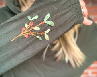 Hand Embroidered Botanical Shirt, Long Sleeve Cropped Hoodie, Floral Sleeve Embroidery, Mistletoe Branch Shirt, Gift for Plant Lovers