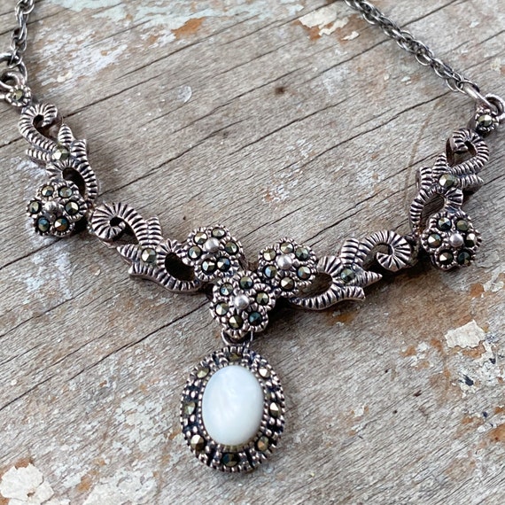 Vintage Marcasite Necklace with Mother of Pearl Pe