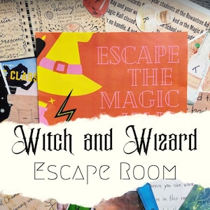 Pode incluir: Um pedaço de papel rasgado com as palavras "Witch and Wizard Escape Room" escritas em uma fonte gótica. O fundo é uma colagem de recortes de papel com vários textos e imagens, incluindo um chapéu de bruxa, um raio e as palavras "Escape the Magic".