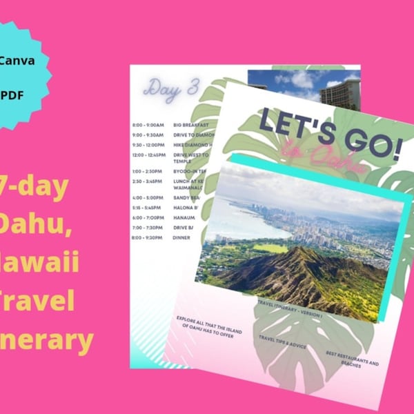 Seven Day Oahu, Hawaii Travel Itinerary, Printable, Editable in Canva, Travel Itinerary, Travel Oahu, Digital Template Download