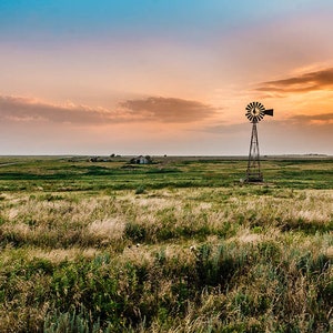Kansas Sunset Windmill Photo: Prairie Landscape Wall Art
