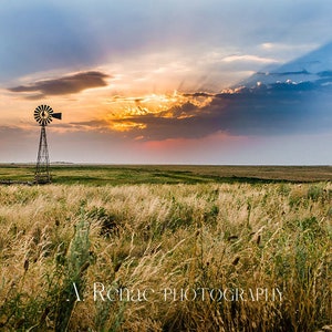 Windmill at Sunset Photo, Fine art photography, Prairie photography, Kansas sunset print, Country landscape wall art