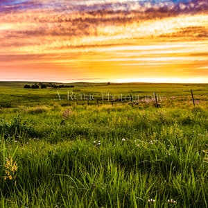 Sunset in the flint hills of Kansas, Prairie Landscape fine art print, Kansas colorful sunset print, Country landscape wall art photography