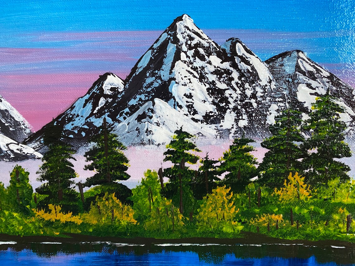 Mountain Lake Painting Bob Ross Style Mountain Art Etsy