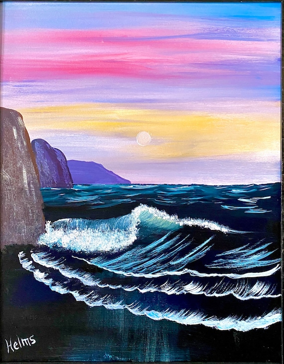 Seascape Bob Ross Style Beach Painting Nautical Art Ocean Etsy