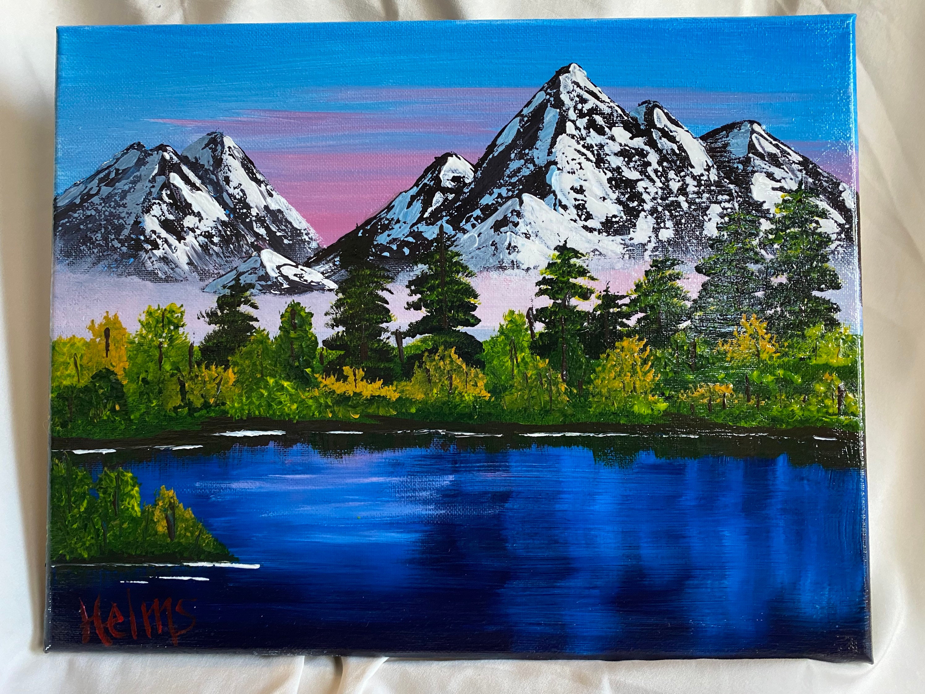 Mountain Lake Painting Bob Ross Style Mountain Art Etsy
