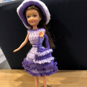 Mauve Frill Doll Dress with Hat and Bag Crochet Pattern, barbie doll dress crochet pattern, crochet pattern, doll dress hat and bag crochet