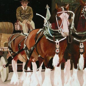 Beer Cart Draft Horses oil painting, old world charm, atmospheric art for home, painting of draft horses for the home art wall, home decor