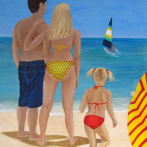 Family Beach Day, Father mother and child on beach watching a sail boat, Sunny day at beach, seaside scene,  couple on beach with sail boat