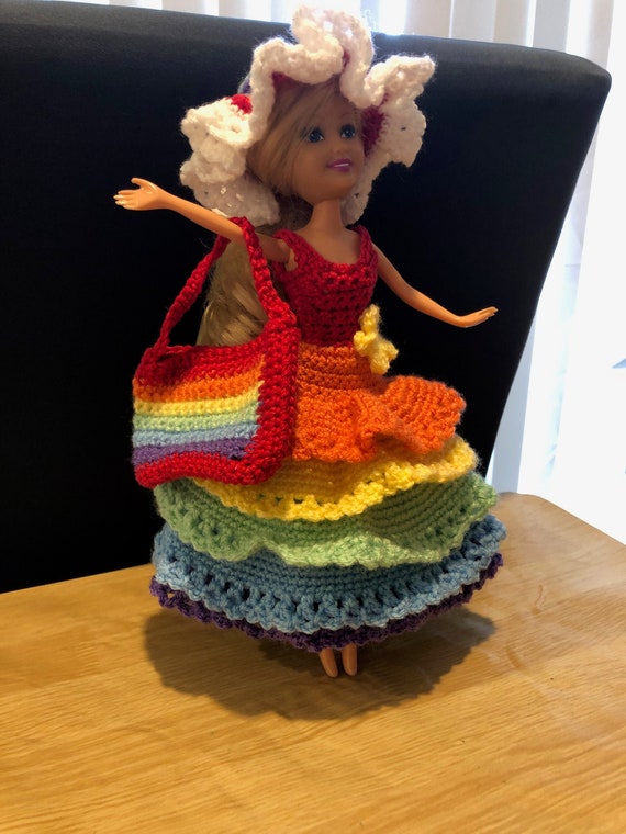 Doll Dress Rainbow Long Ruffled Hat and Bag Crochet Barbie Clothes Crochet Barbie Dress Outfit Crochet Crochet Doll Dress Hat and Bag Etsy Australia