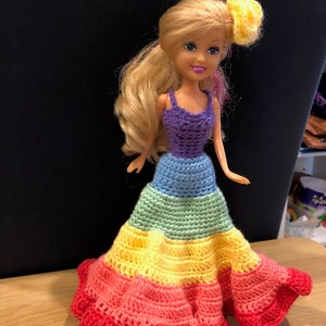 Rainbow Long Doll Dress Hair Flower Crochet, small doll dress crochet, barbie dress crochet, doll dress crochet, barbie long dress crochet