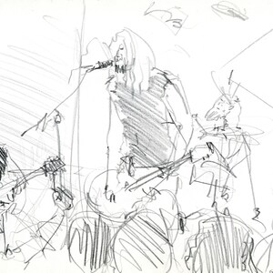 May include: A pencil sketch of a live music performance. The band is on stage, with a singer at the microphone and guitarists. The crowd is visible in the foreground. The drawing is in black and white.