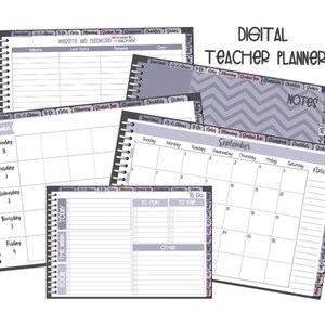 Op de afbeelding: Een digitale leerkrachtplanner met een grijs en paars chevron-patroon. De planner bevat pagina's voor website- en wachtwoordinformatie, een maandelijkse kalender, een wekelijkse kalender en een dagelijkse takenlijst.