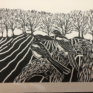 Winter Magpies in North Norfolk linocut