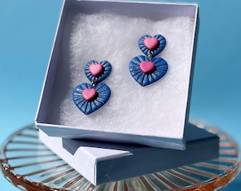 Art Deco Heart Earrings, Gold/Red & Blue/Pink Handmade Cute Jewelry, Elegant and Lightweight Statement Polymer Clay Earrings