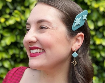 Retro Motel Hair Clip, Teal Mid Century Modern Starburst Barrette, schattige handgemaakte polymeerklei haaraccessoire