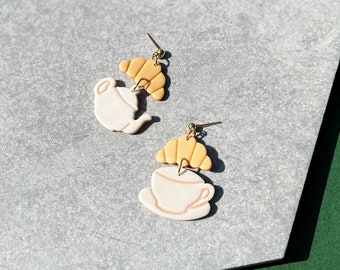 Croissant Teapot and Teacup Earrings, Cute Tiny Food Polymer Clay Accessories, Femme and Quirky Lightweight Statement Earrings