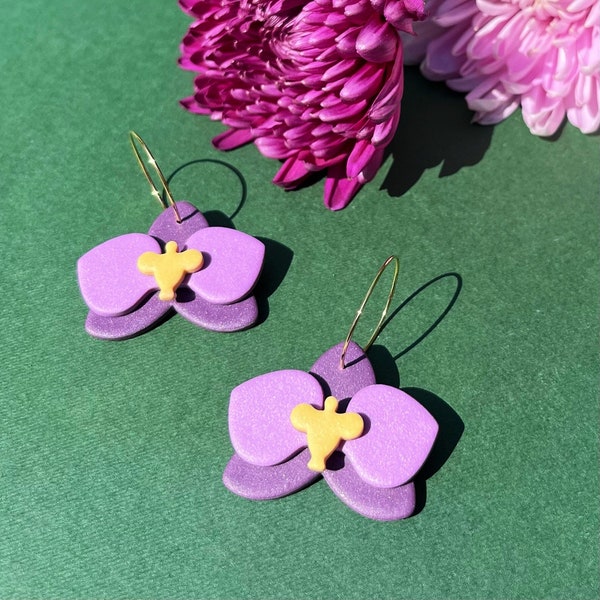 Purple Orchid Hoop Earrings, Lightweight Floral Clay Jewelry, Gift for Florist or Gardening Enthusiast