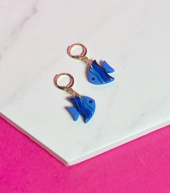 Mini Fish Huggie Hoop Earrings, Blue Dainty Polymer Clay Earrings