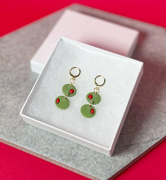Olive Hoop Earrings, Polymer Clay Cute Food Jewelry, Minimalist Lightweight Hoops
