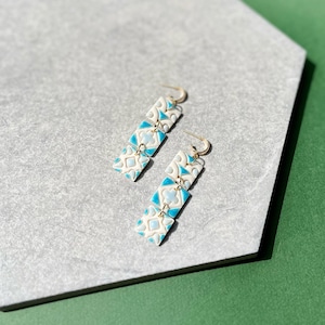Painted Tile Clay Earrings, Teal Mediterranean Style Tile Hoops Lightweight, Romantic Summer Vacation Jewelry