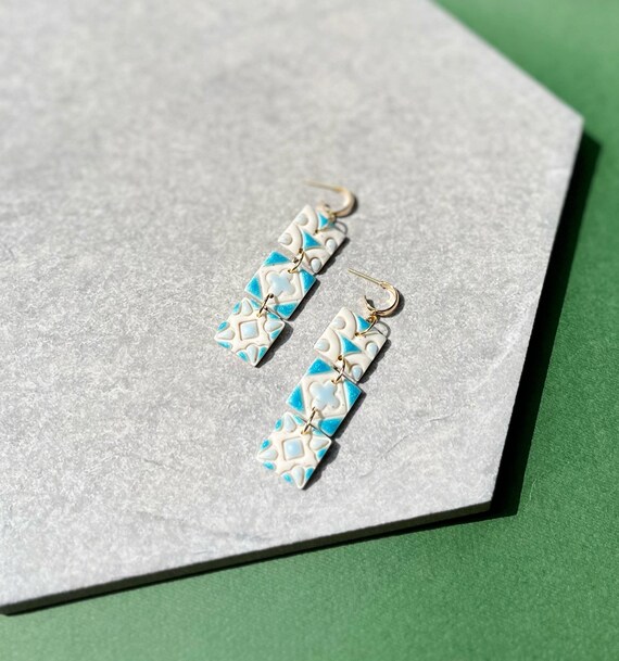 Painted Tile Clay Earrings, Teal Mediterranean Style Tile Hoops Lightweight, Romantic Summer Vacation Jewelry