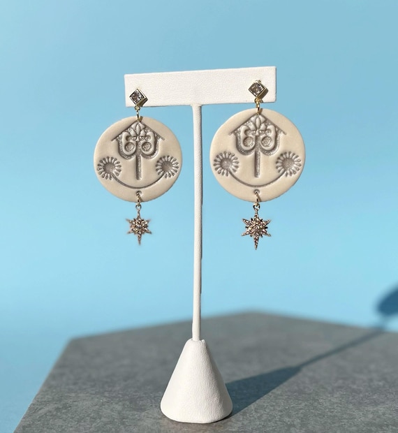 Small World Face Clock Dangle and Drop Earrings, Mary Blair Inspired Disney Style Statement Earring, White Silver Gold Clay Jewelry
