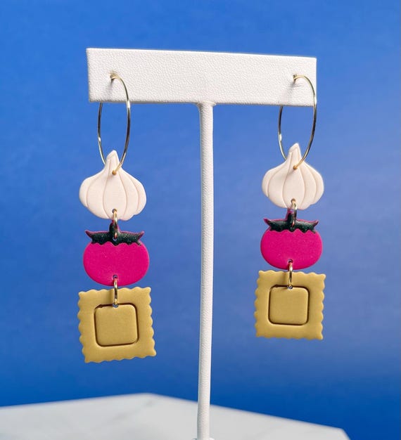 Garlic Tomato Ravioli Hoop Earrings: Polymer Clay Italian Food Jewelry