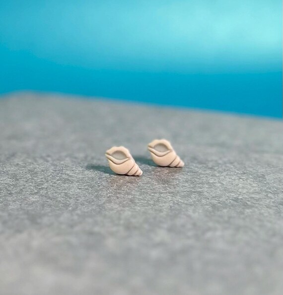 Mini Conch Shell Stud Earrings, Summer Beachy Studs, Lighweight Polymer Clay Jewelry and Accessories