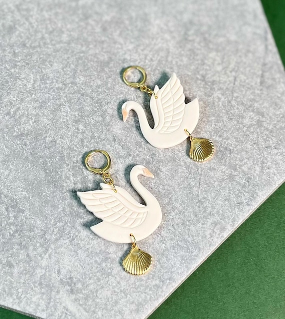 White Swan Hoop Earrings: Gold Seashells, Elegant Polymer Clay
