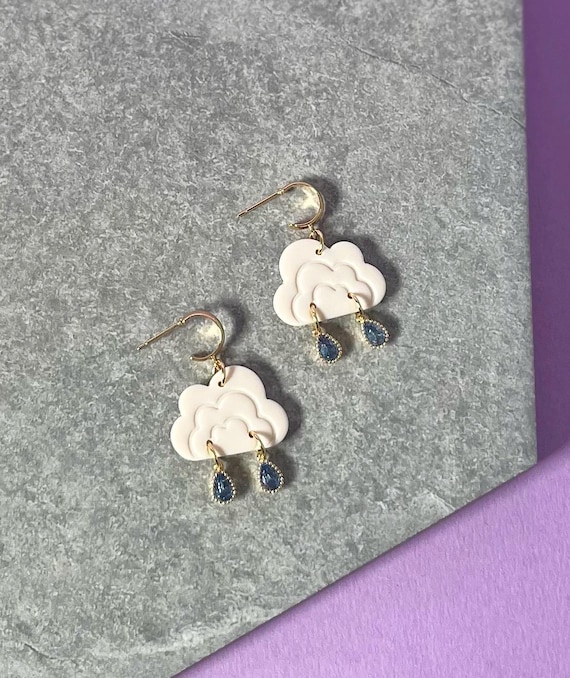 Handmade Rain Cloud Earrings, Polymer Clay, Raindrops, Spring Huggie Hoops