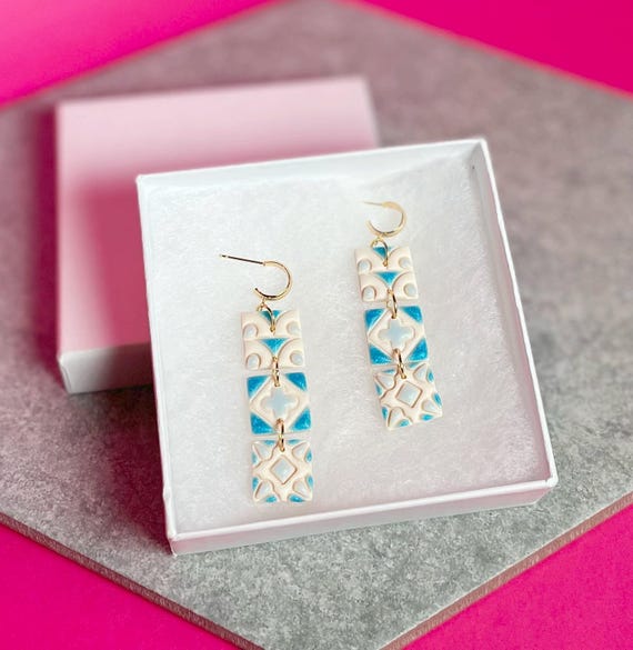 Painted Tile Clay Earrings, Teal Mediterranean Style Tile Hoops Lightweight, Romantic Summer Vacation Jewelry