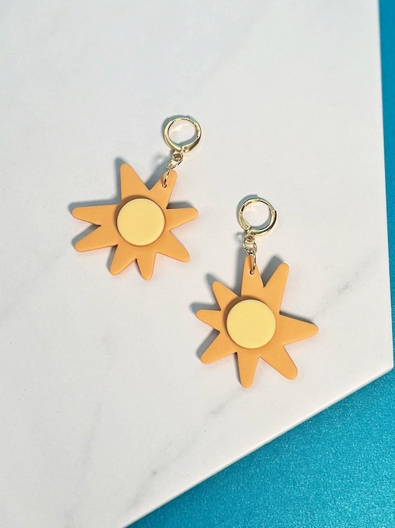 Abstract Sun Drop Earrings: Mid Century Modern Polymer Clay Hoops