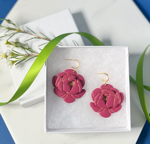 Peony Polymer Clay Earrings: Lightweight Floral Hoops, Multiple Colors Available