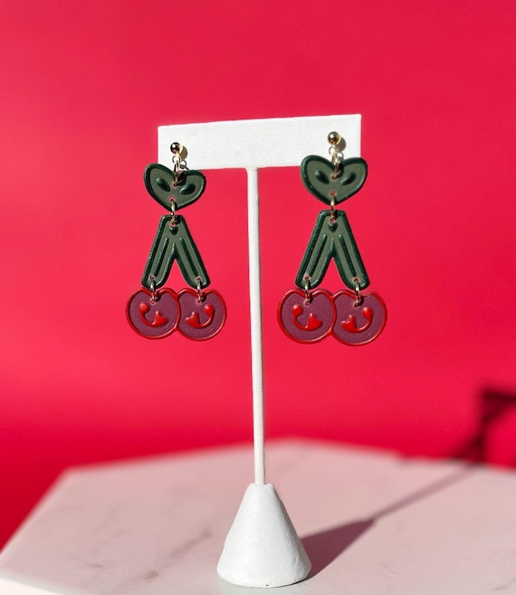Folk Cherry Drop Earrings, Hand Painted Lightweight Polymer Clay Earring, Valentine’s Day Sweet Fun Gift Idea for Her