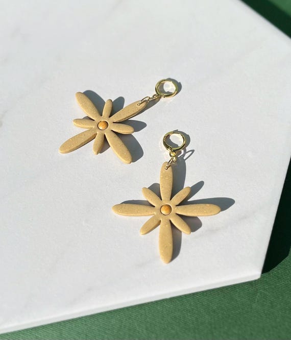 Mid Century Flower Earrings, Gold Polymer Clay Lightweight Hoop Earrings, Glittery Mary Blair Inspired Hoops