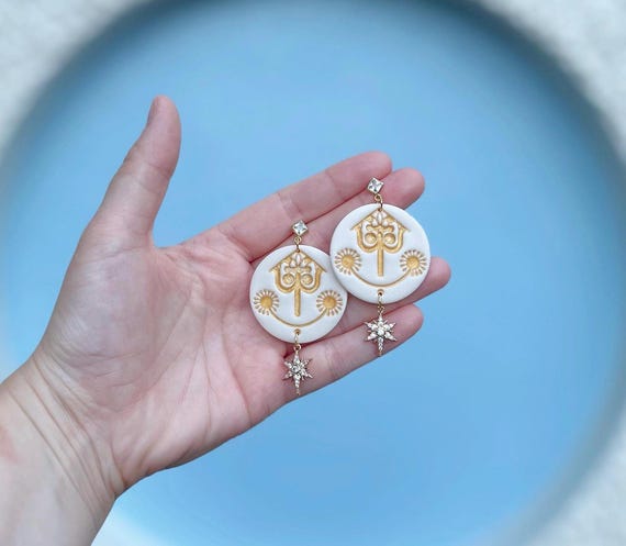 Small World Face Clock Dangle and Drop Earrings, Mary Blair Inspired Disney Style Statement Earring, White Silver Gold Clay Jewelry
