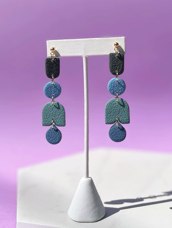 Blue Bauhaus Style Earrings, Color Block Geometric Earring, Retro Style Vintage Inspired Jewelry, Mid Century Modern Cool Tone Drop Earrings