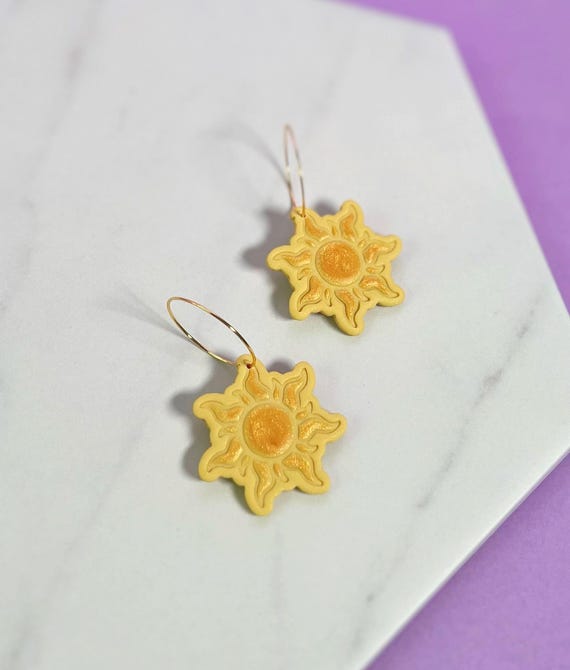 Lost Princess Sun Hoop Earrings, Disney Inspired Theme Park Accessory, Tangled Rapunzel Princess Hoops, Lightweight Polymer Clay Jewelry