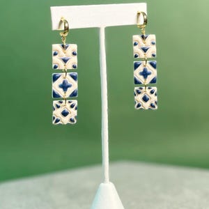 Painted Tile Clay Earrings, Teal Mediterranean Style Tile Hoops Lightweight, Romantic Summer Vacation Jewelry